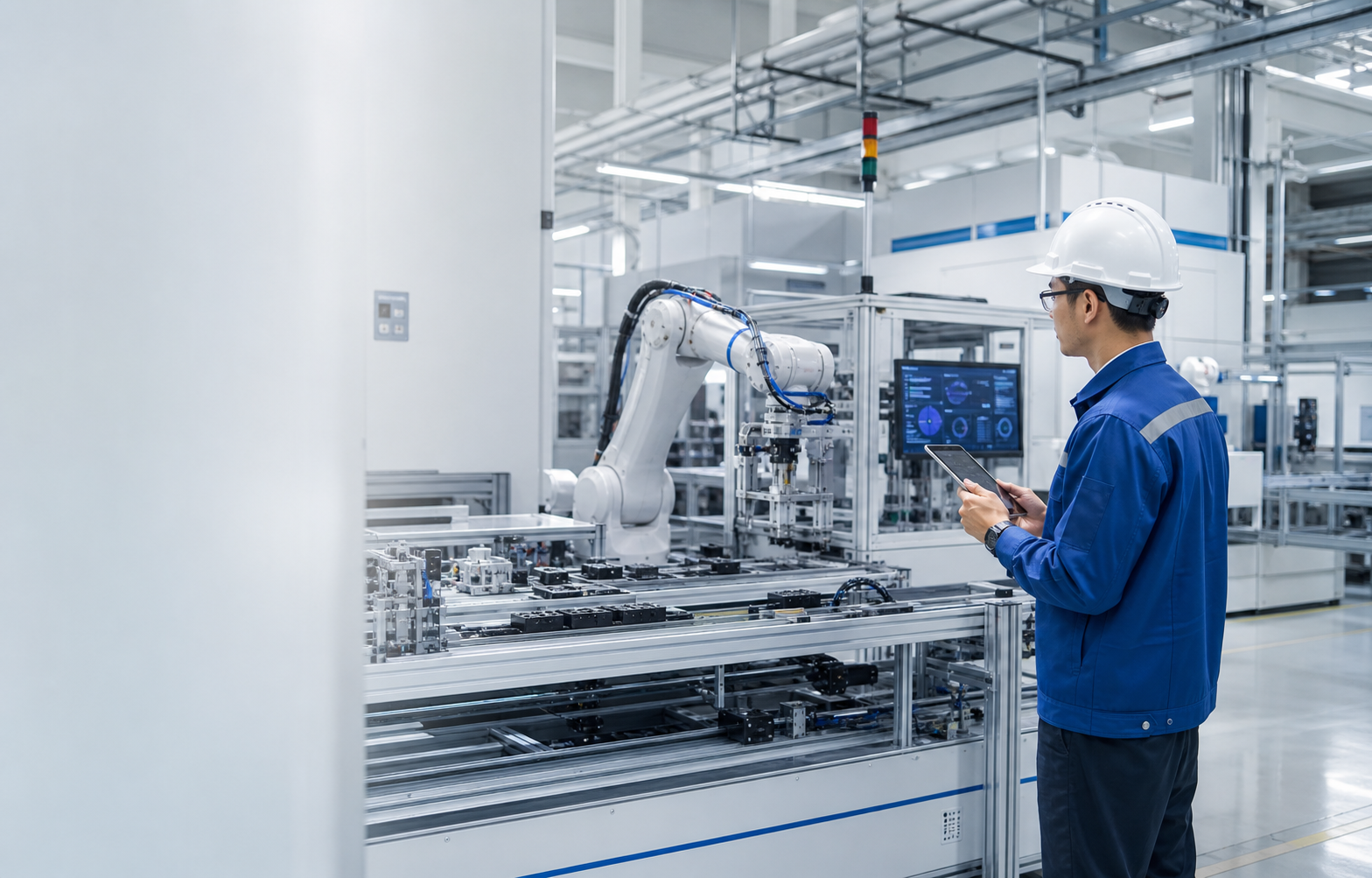Engineer reviewing a smart automated manufacturing line with a collaborative robot